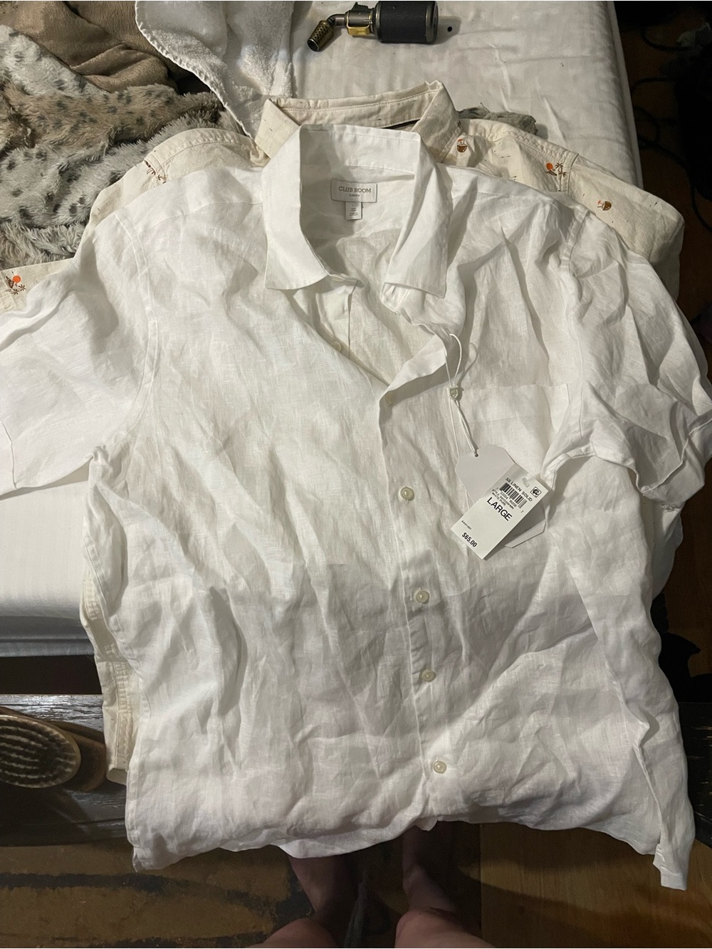 Club Room White Short-Sleeve Linen Button-Down Shirt - Large